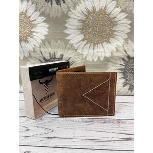 American Bison Mens Genuine Leather Bifold Wallet RFID Secure Distressed Brown